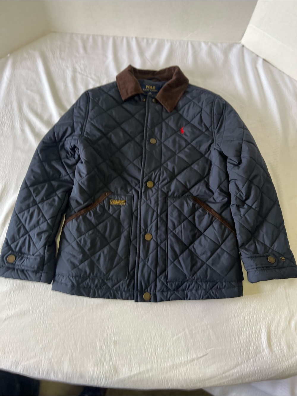 Polo Ralph Lauren Kids Navy Quilted Puffer Jacket with Brown Collar